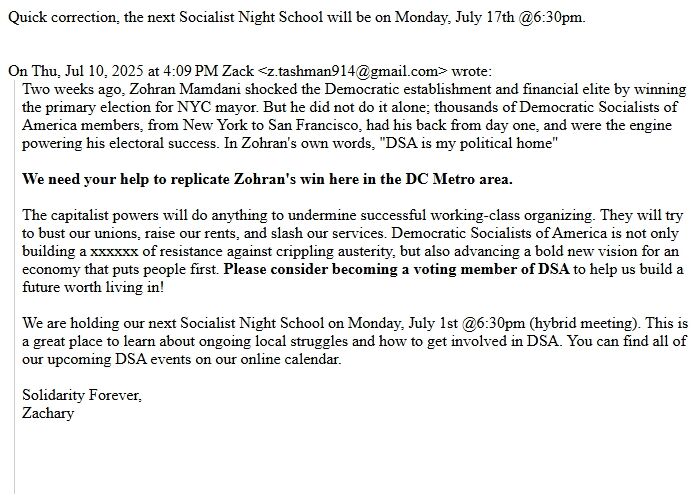 Screenshot of the email generated on import