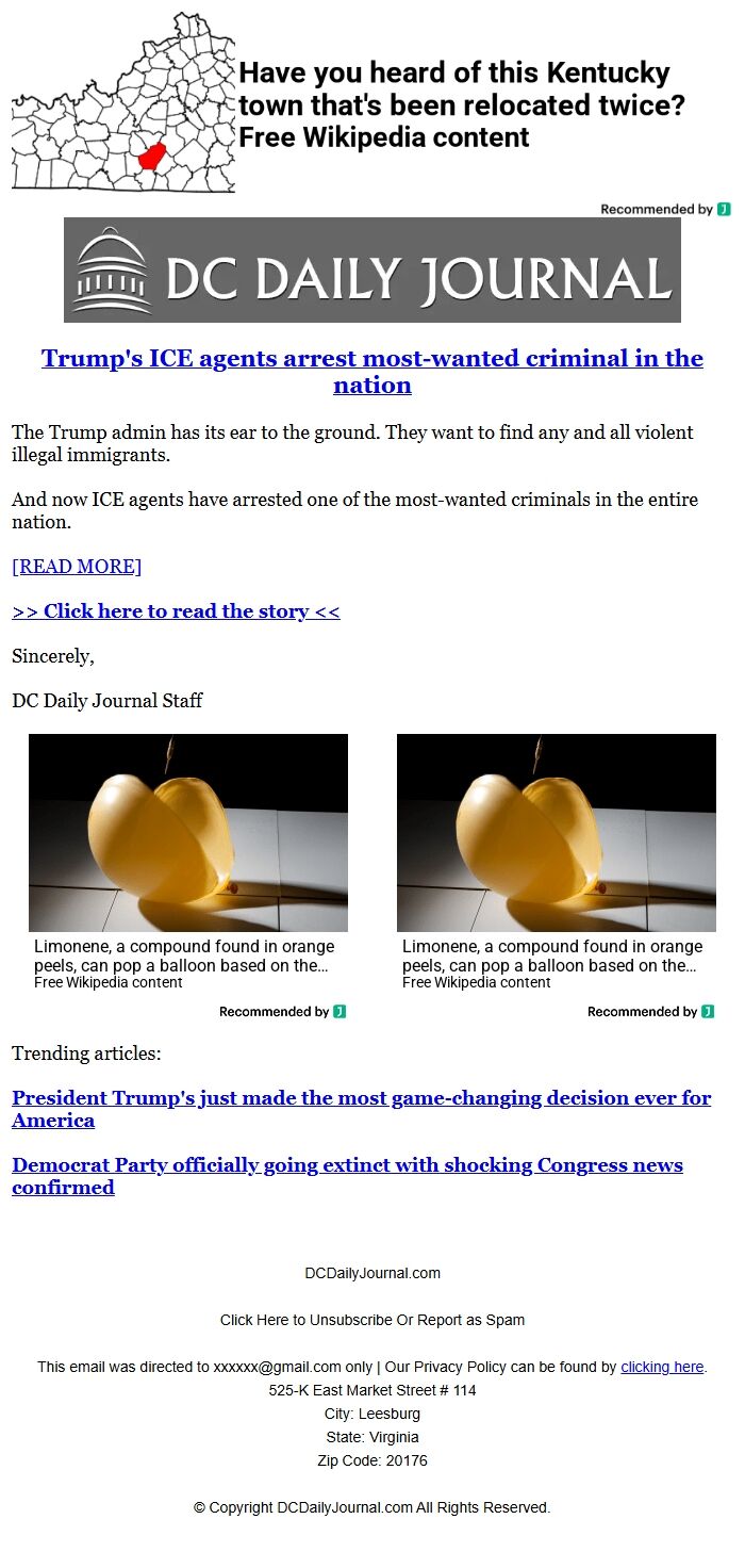 Screenshot of the email generated on import