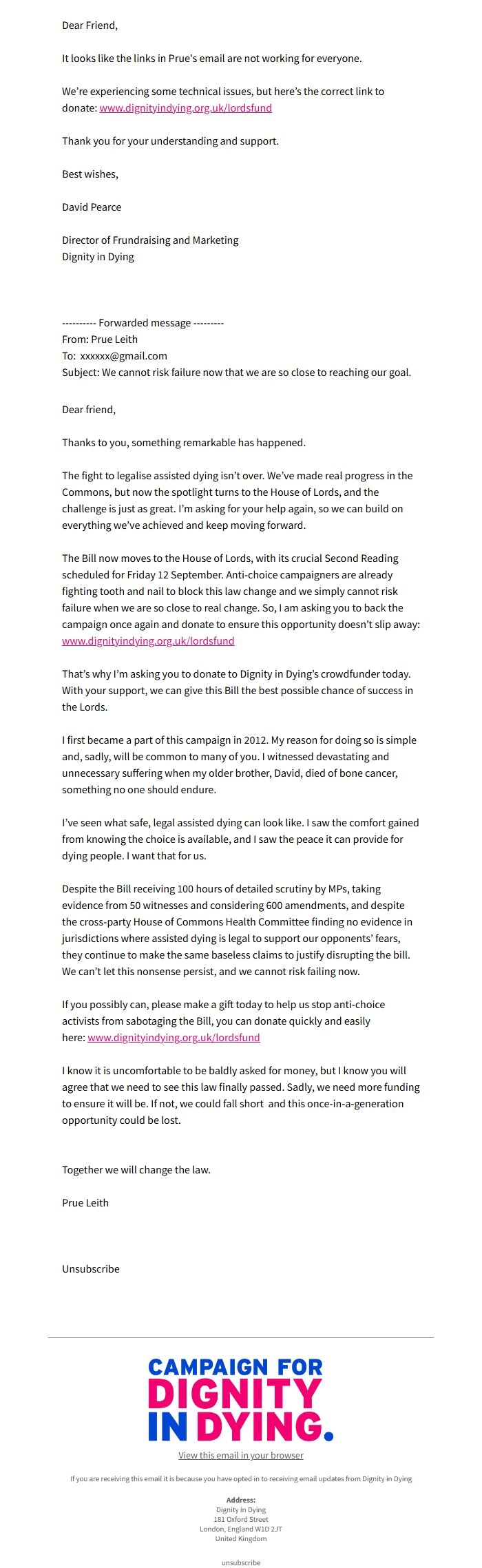 Screenshot of the email generated on import