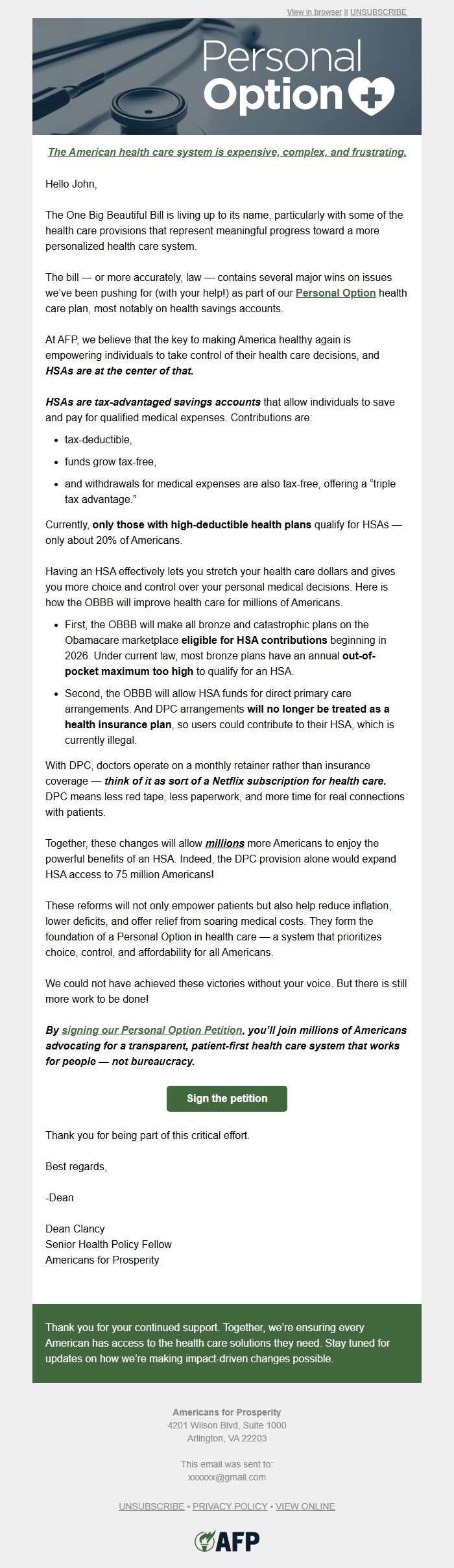 Screenshot of the email generated on import
