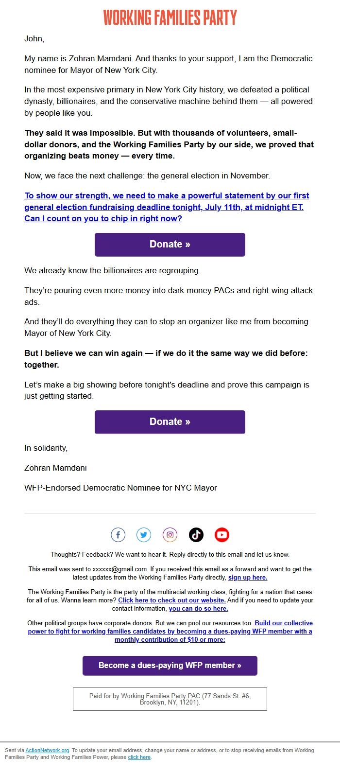 Screenshot of the email generated on import