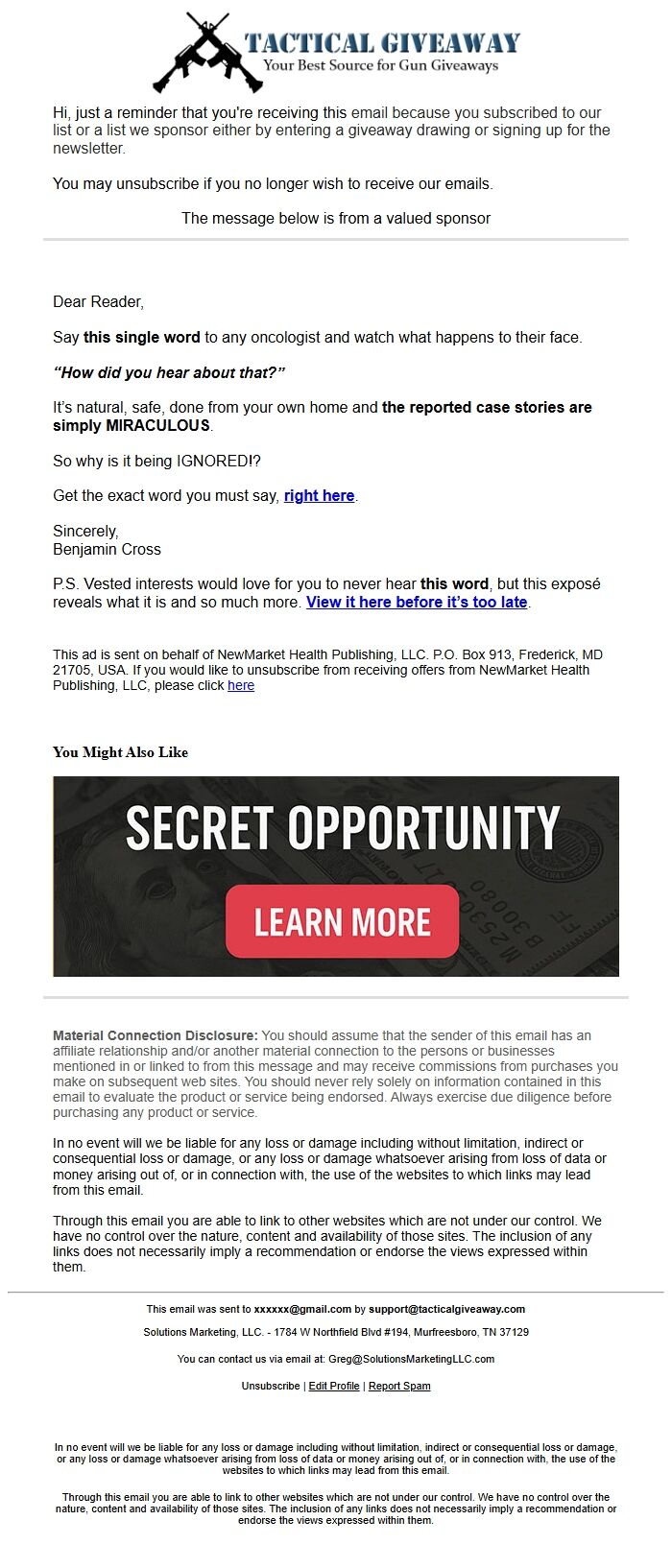 Screenshot of the email generated on import
