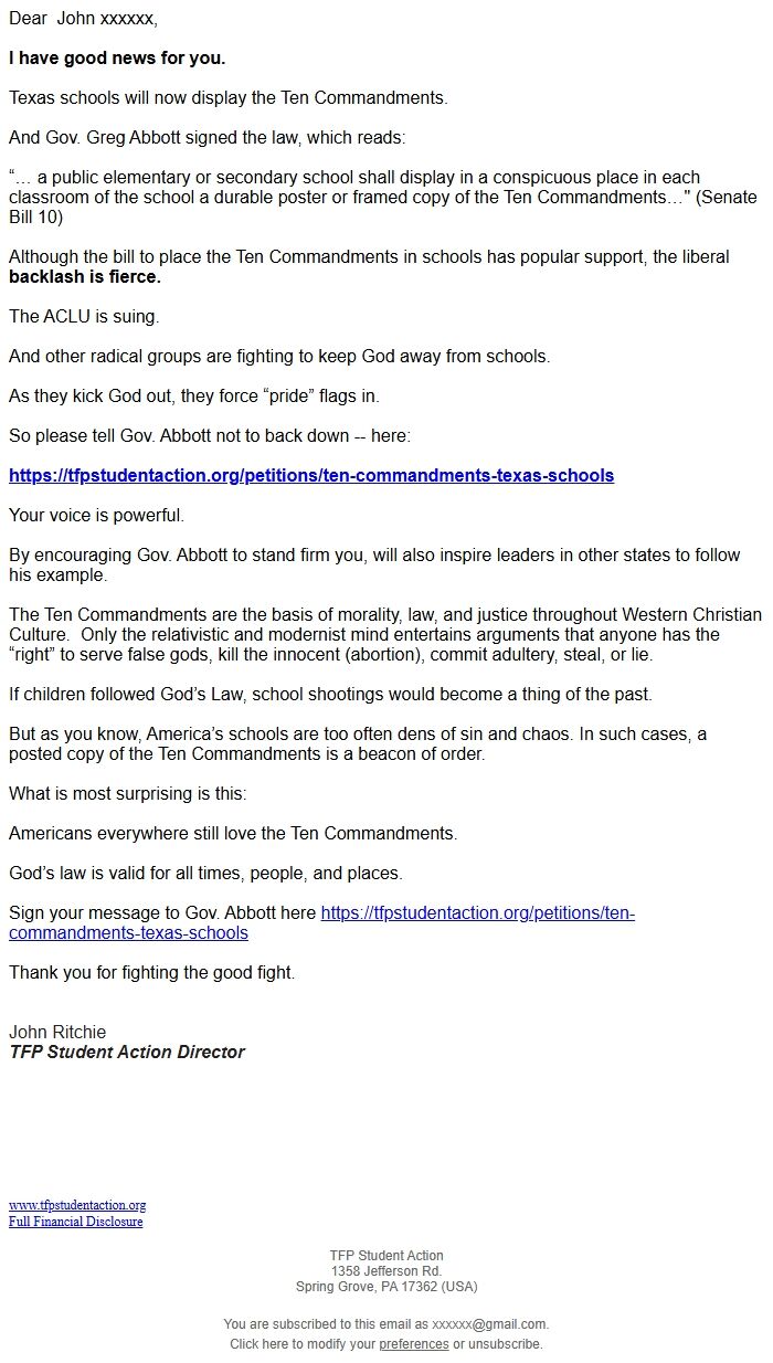 Screenshot of the email generated on import