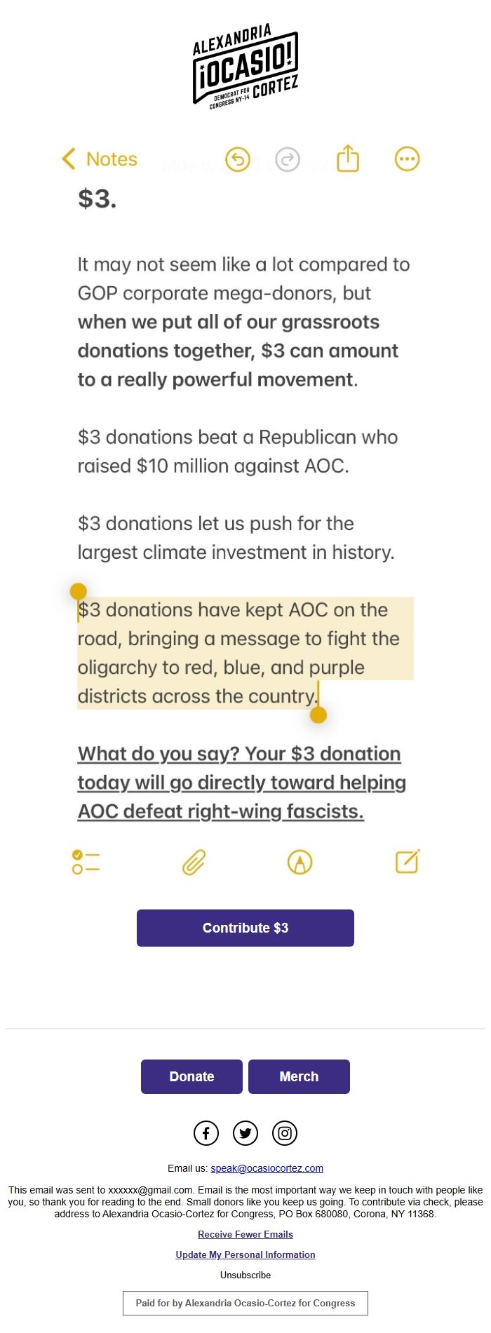 Screenshot of the email generated on import
