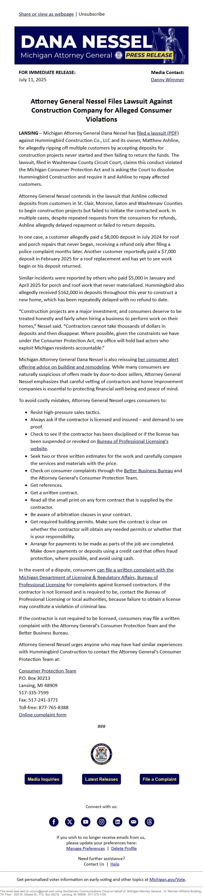 Screenshot of the email generated on import
