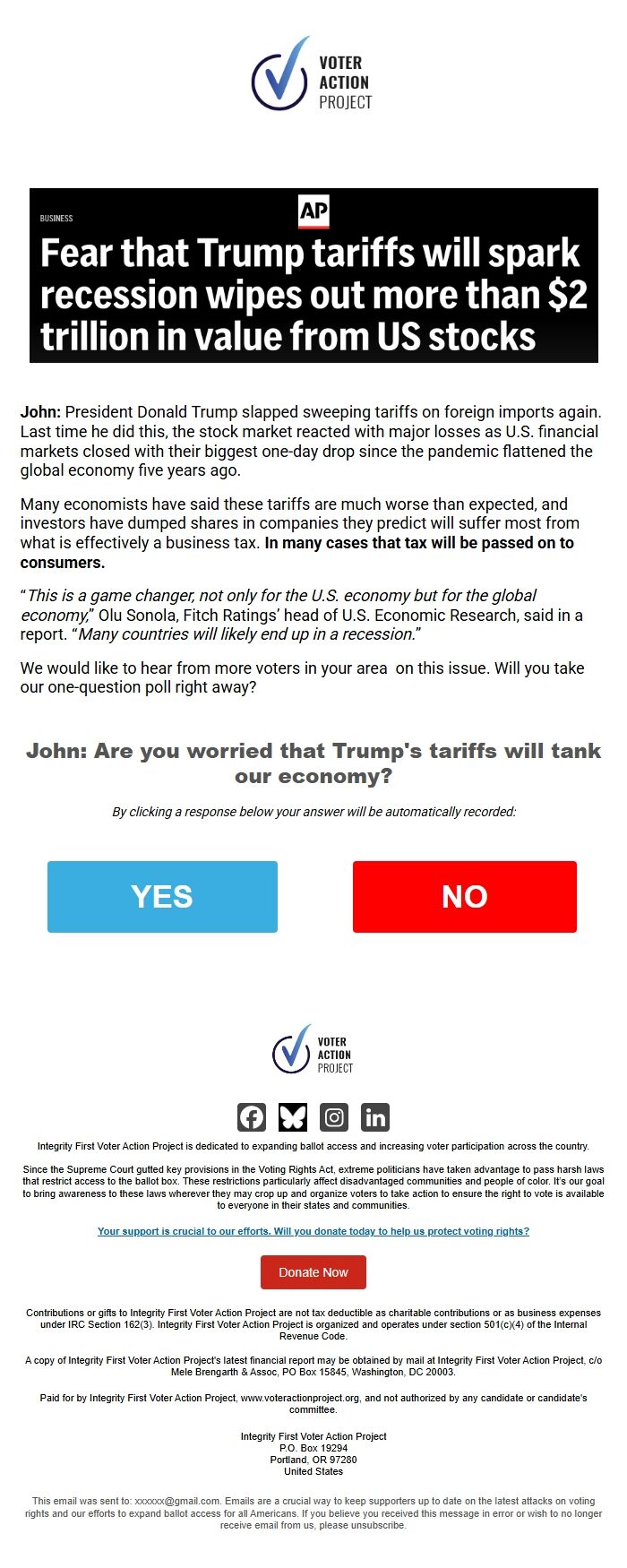Screenshot of the email generated on import