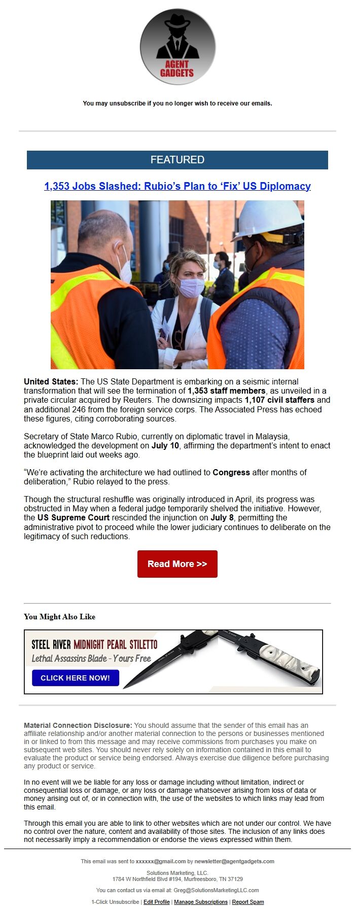 Screenshot of the email generated on import