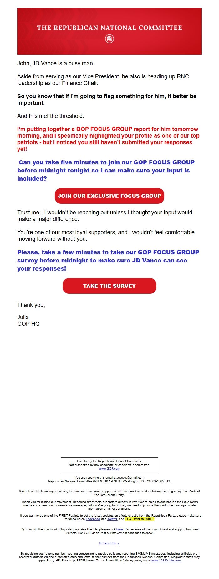 Screenshot of the email generated on import