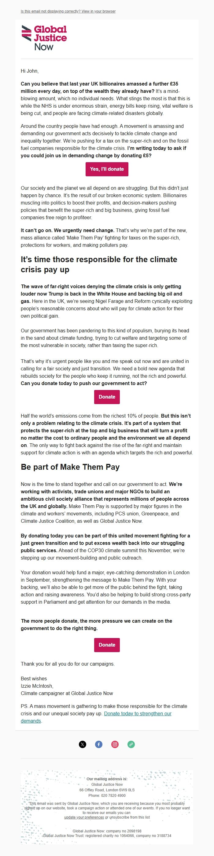 Screenshot of the email generated on import