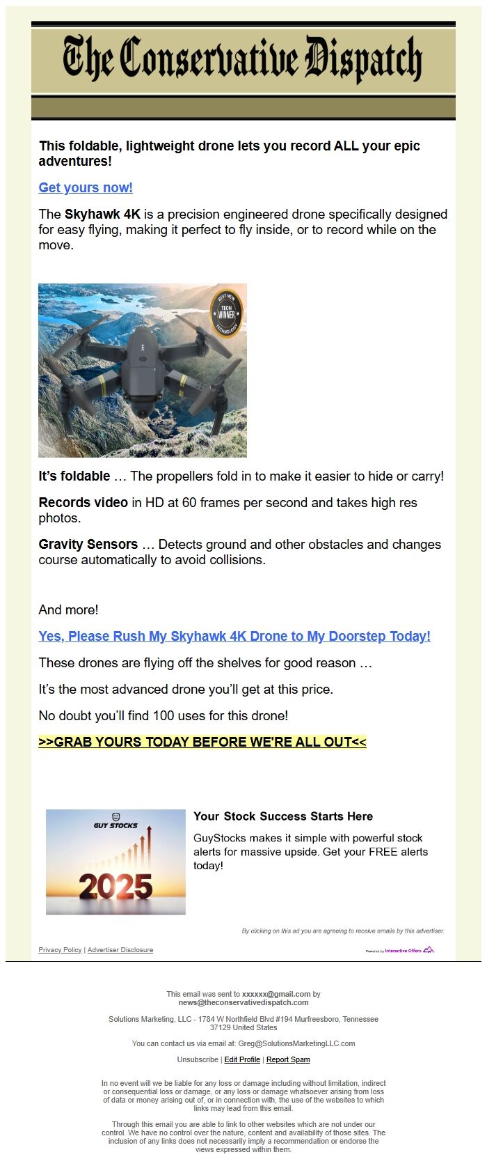 Screenshot of the email generated on import
