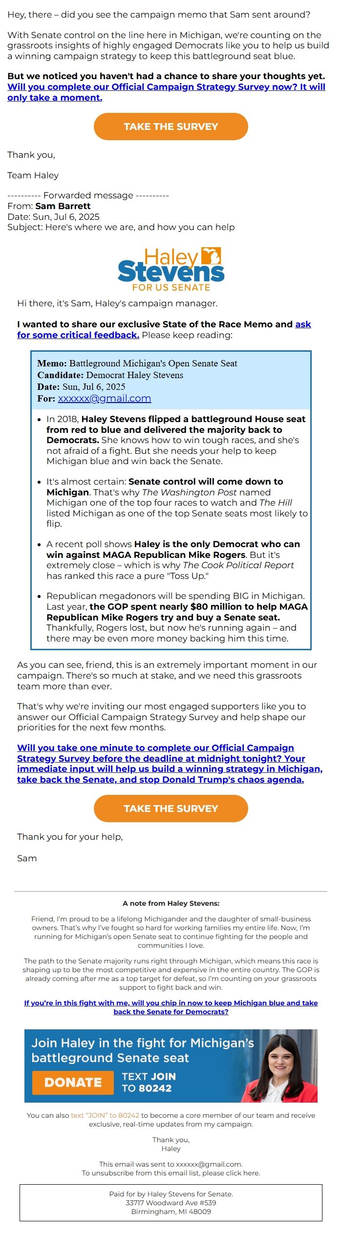 Screenshot of the email generated on import