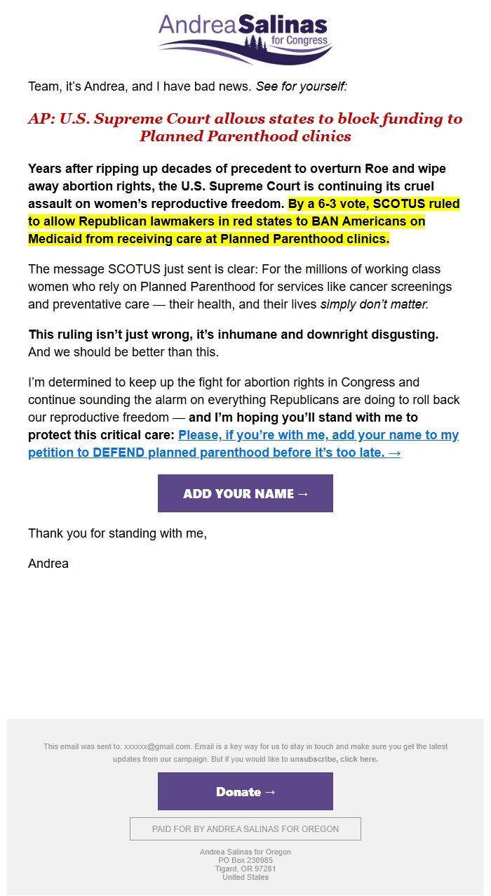 Screenshot of the email generated on import