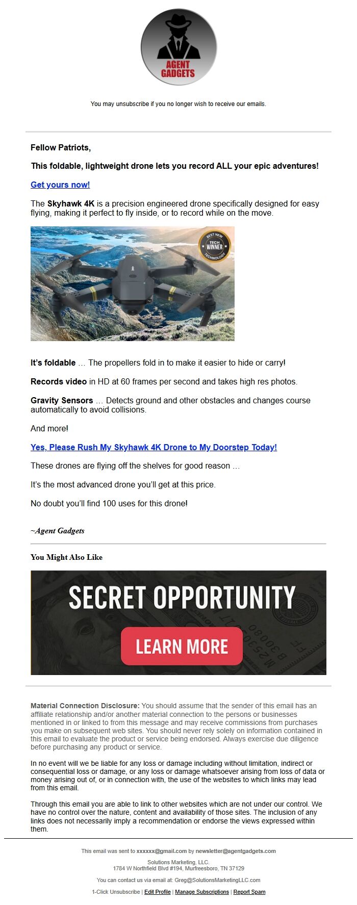 Screenshot of the email generated on import