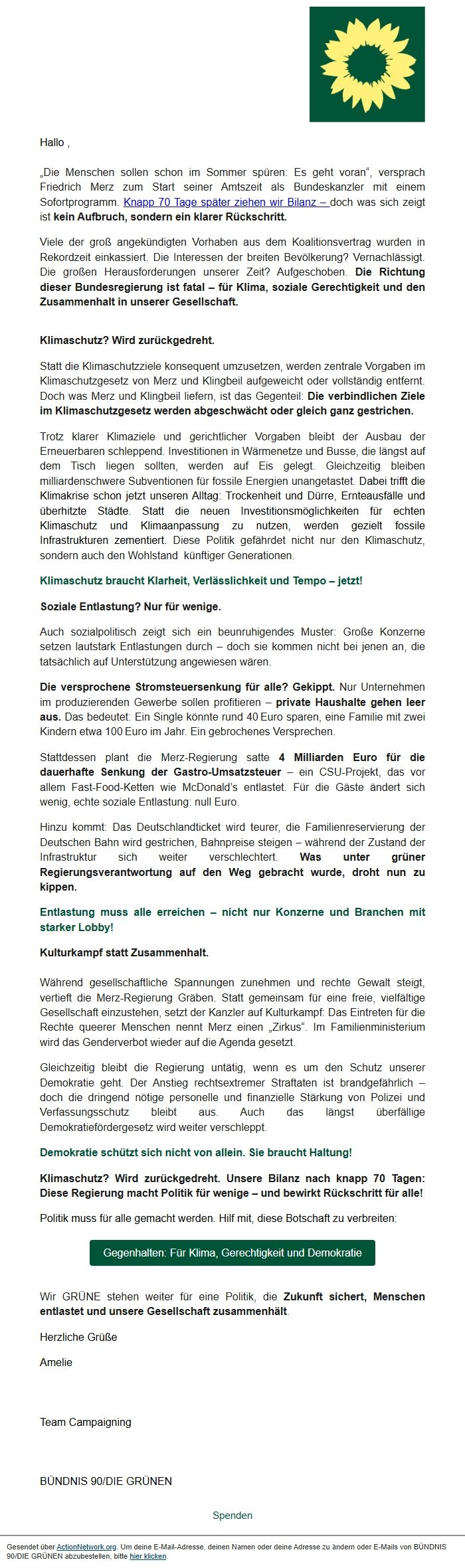 Screenshot of the email generated on import