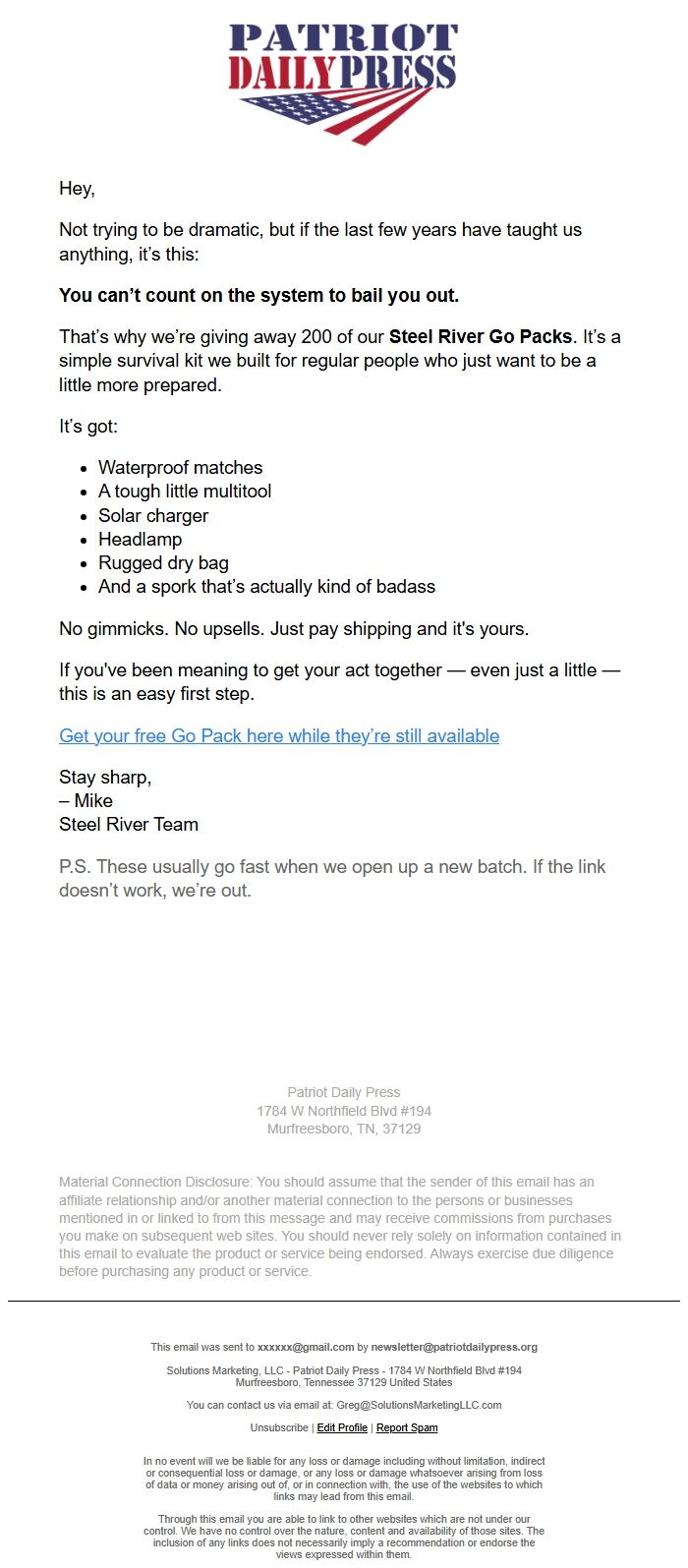 Screenshot of the email generated on import