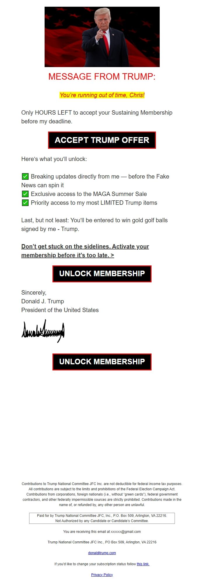 Screenshot of the email generated on import