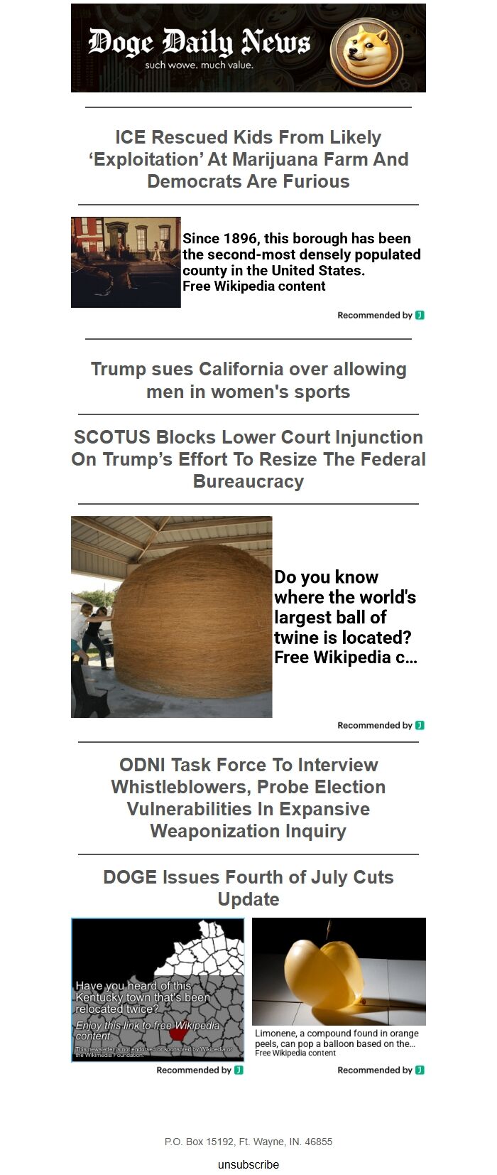 Screenshot of the email generated on import