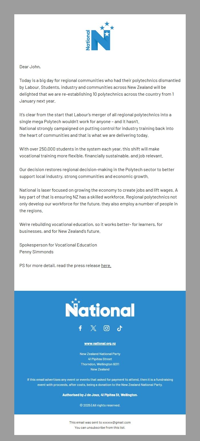 Screenshot of the email generated on import