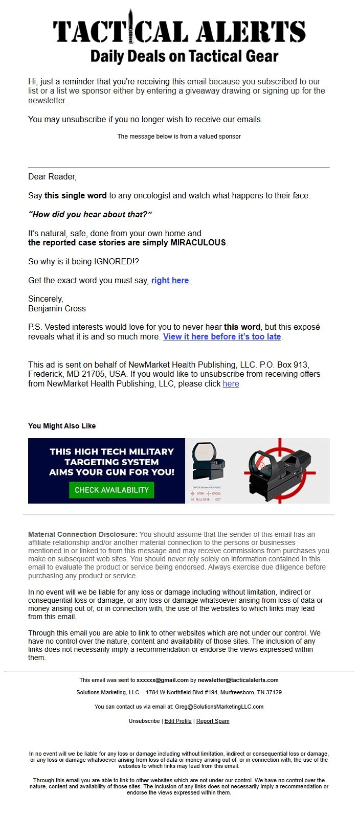 Screenshot of the email generated on import