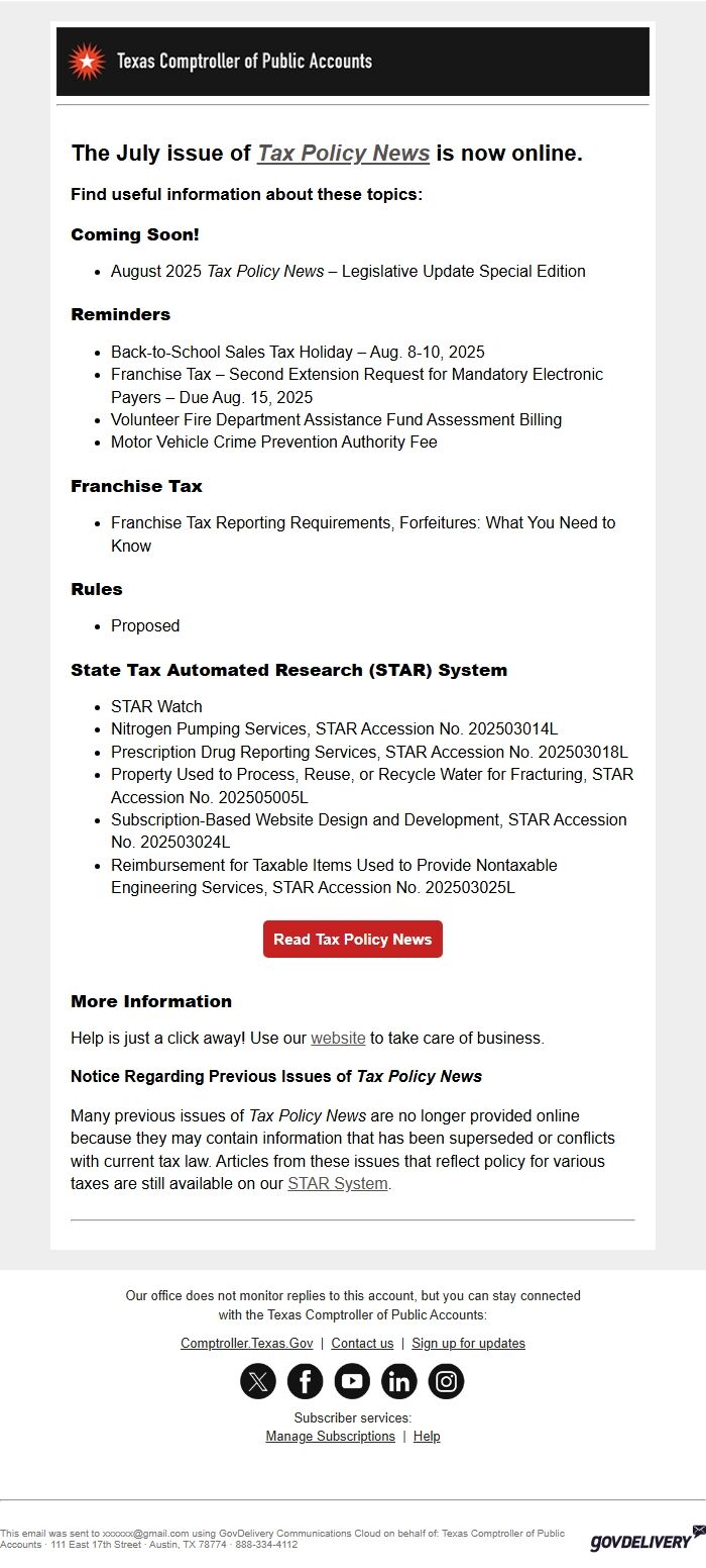 Screenshot of the email generated on import