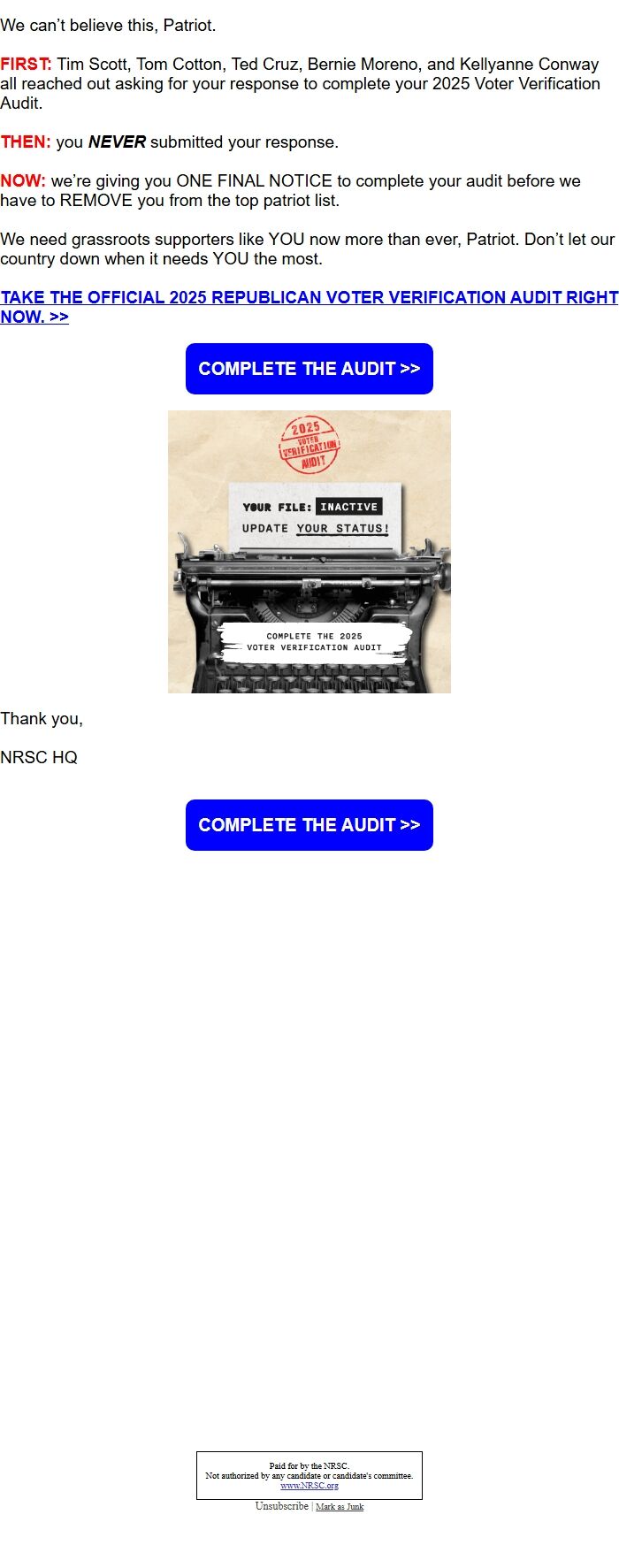 Screenshot of the email generated on import