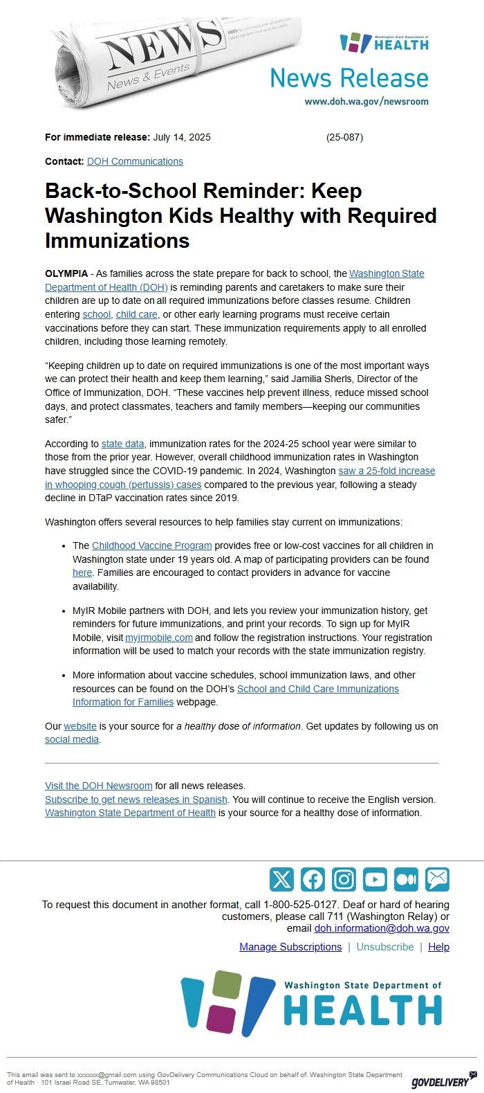 Screenshot of the email generated on import