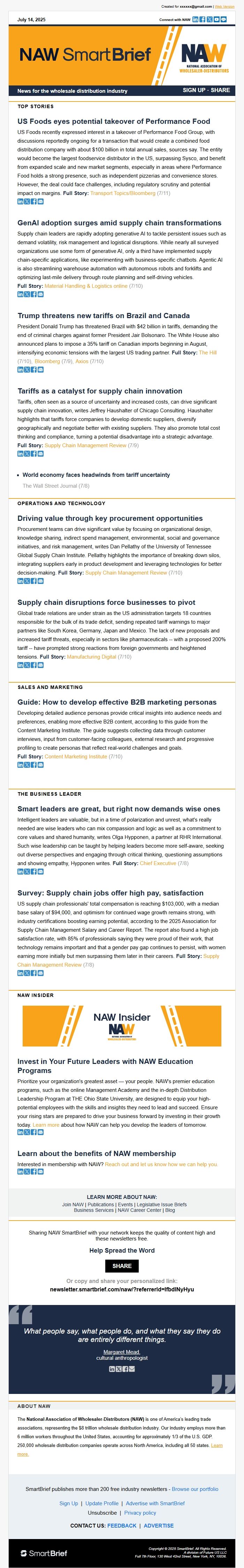 Screenshot of the email generated on import