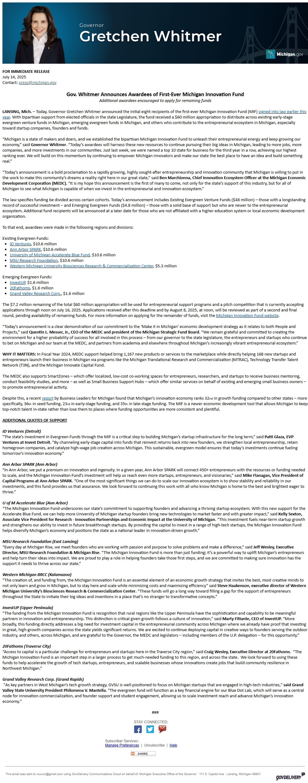 Screenshot of the email generated on import