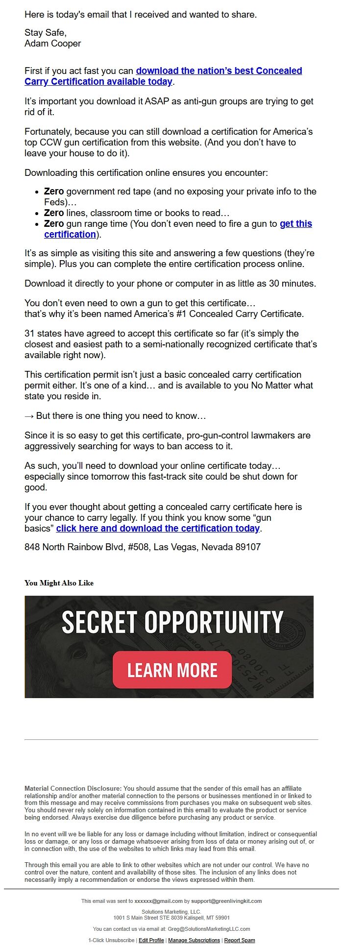 Screenshot of the email generated on import