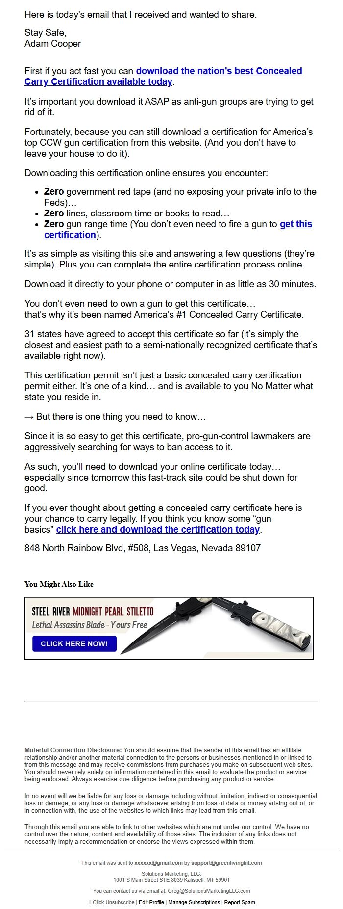 Screenshot of the email generated on import