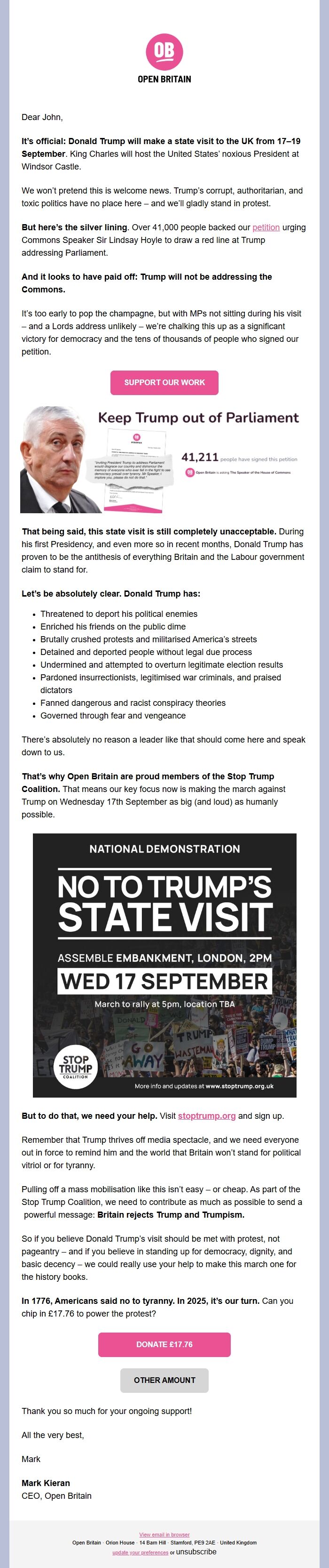Screenshot of the email generated on import