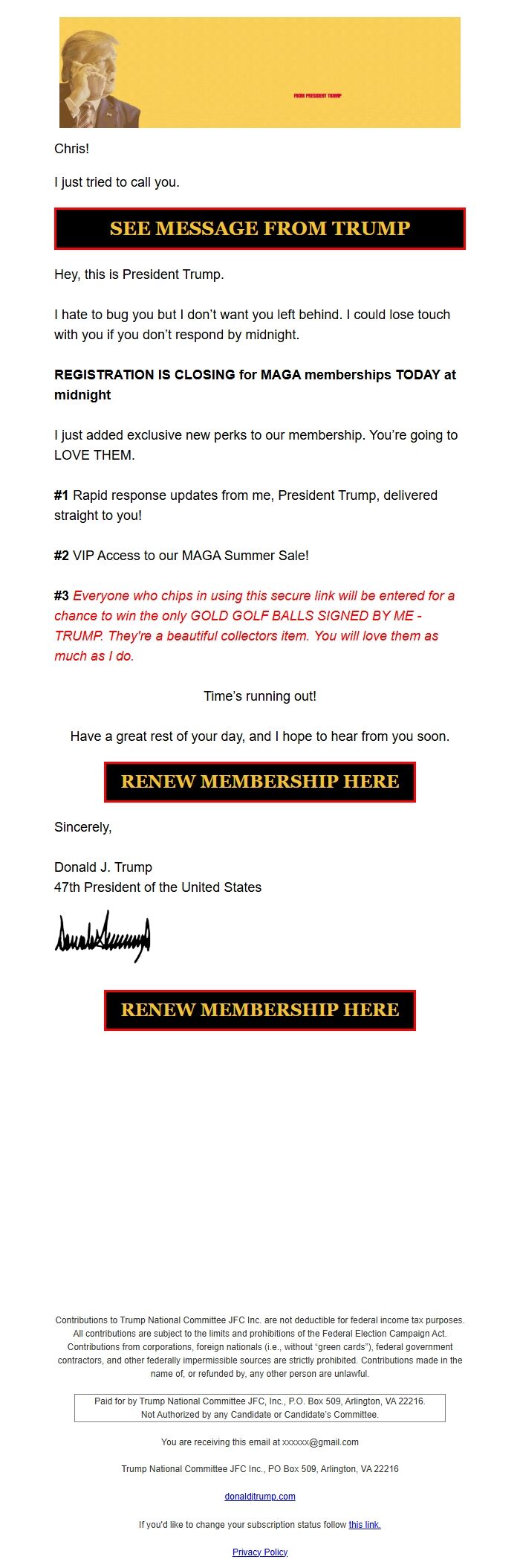 Screenshot of the email generated on import