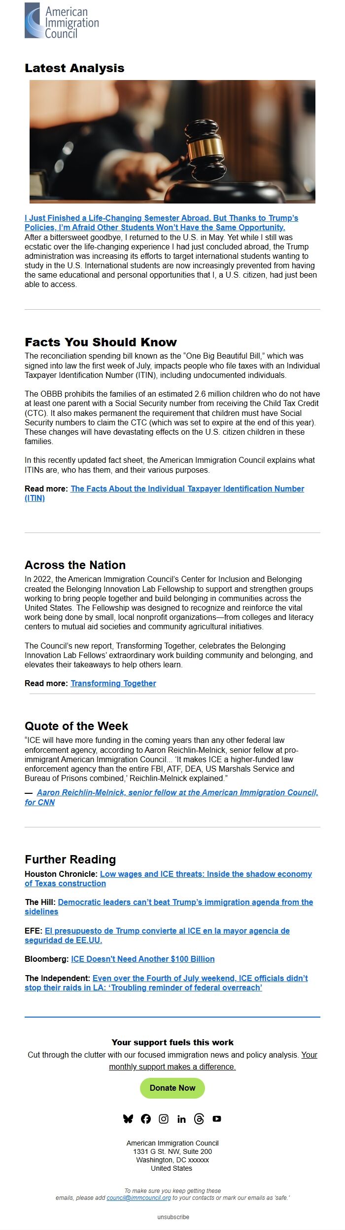 Screenshot of the email generated on import