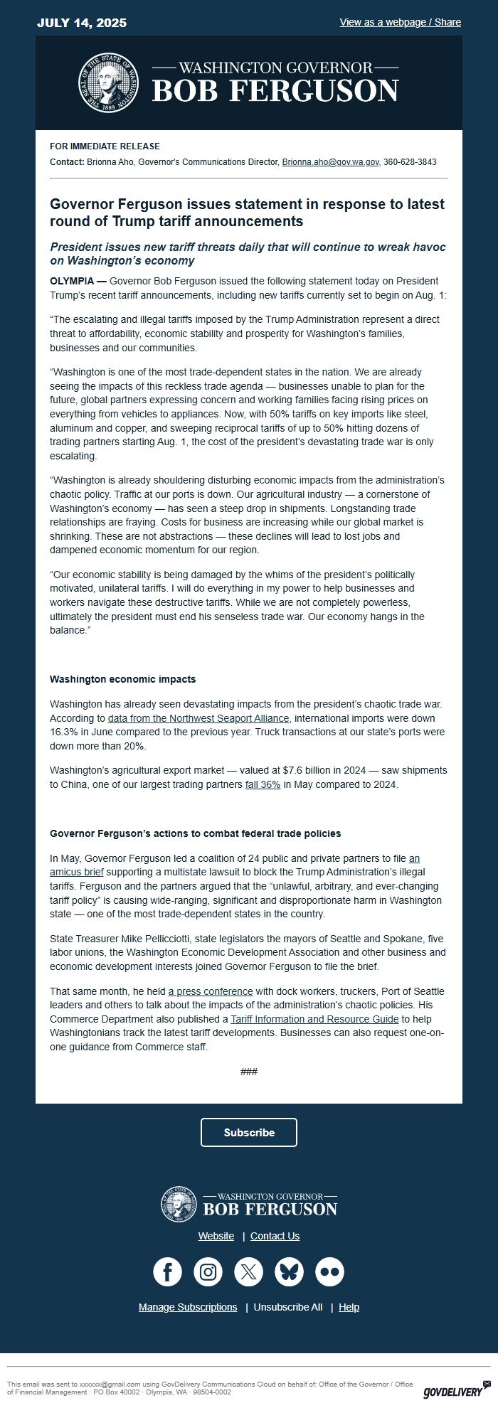 Screenshot of the email generated on import