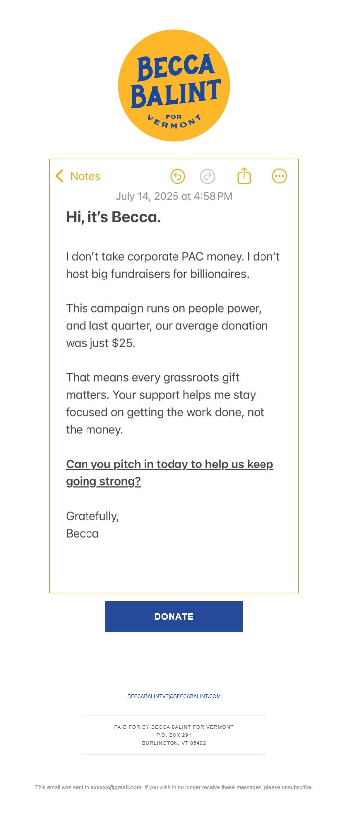 Screenshot of the email generated on import
