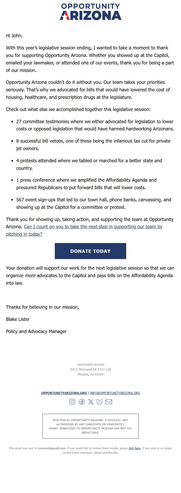 Screenshot of the email generated on import