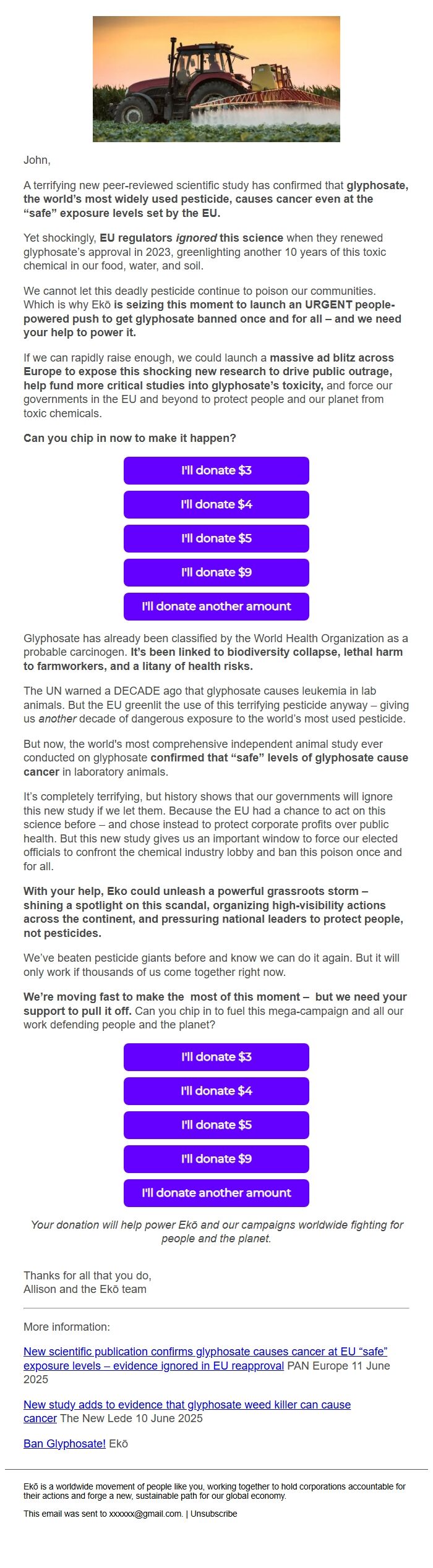 Screenshot of the email generated on import