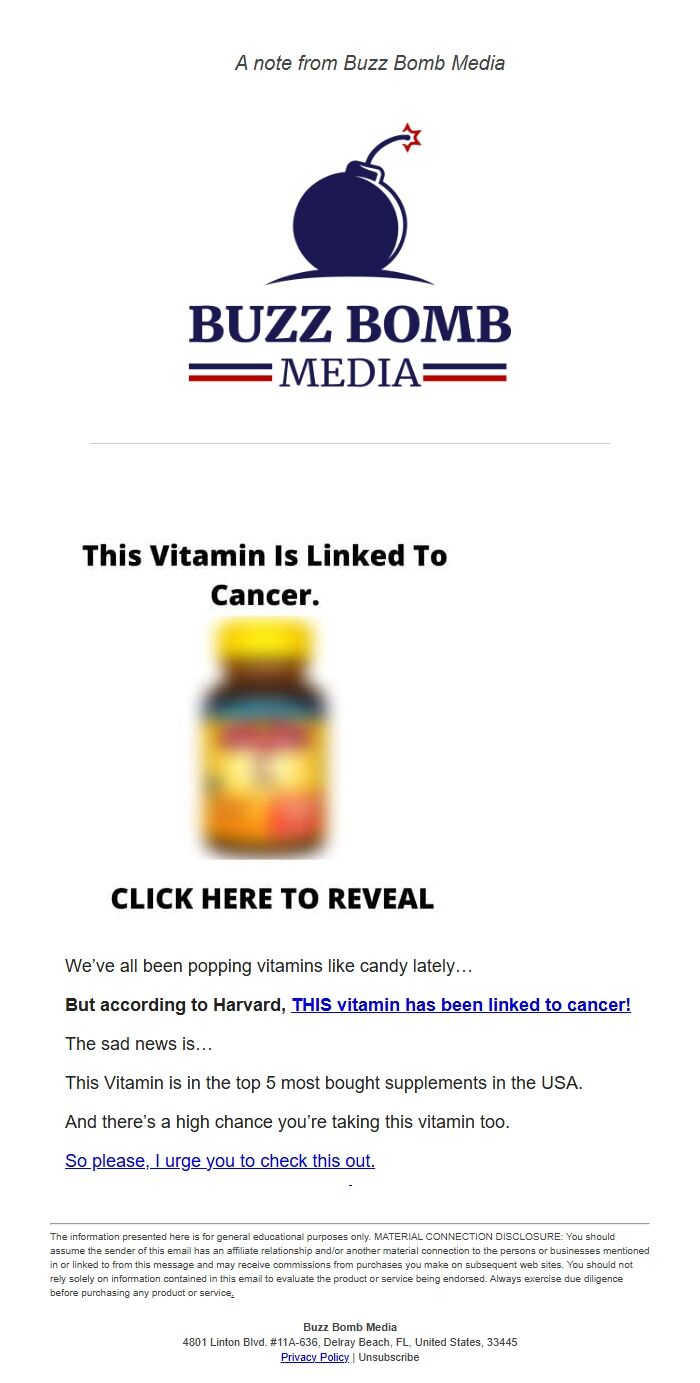 Screenshot of the email generated on import