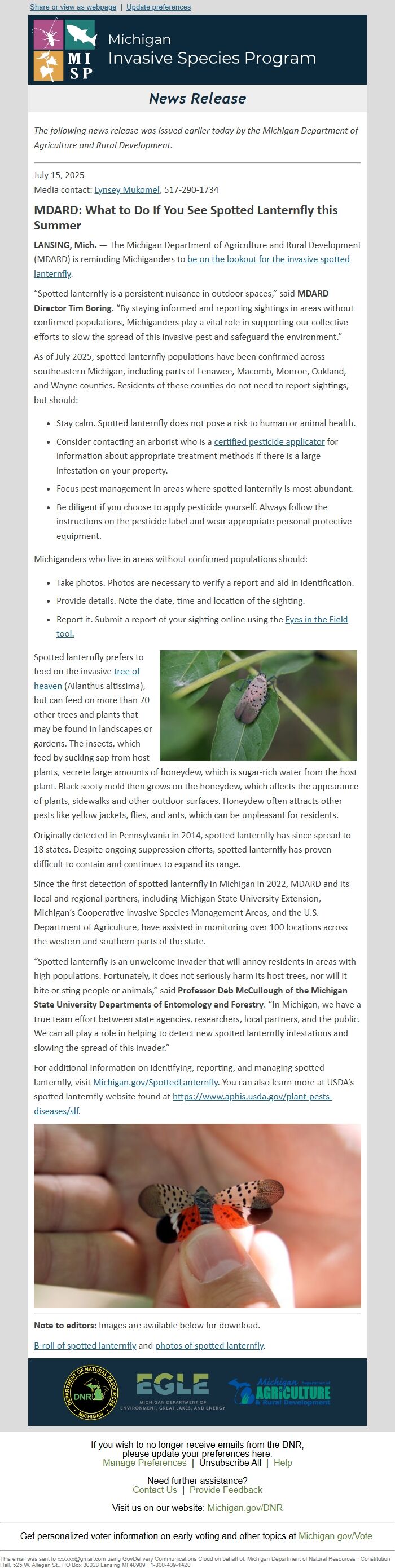 Screenshot of the email generated on import