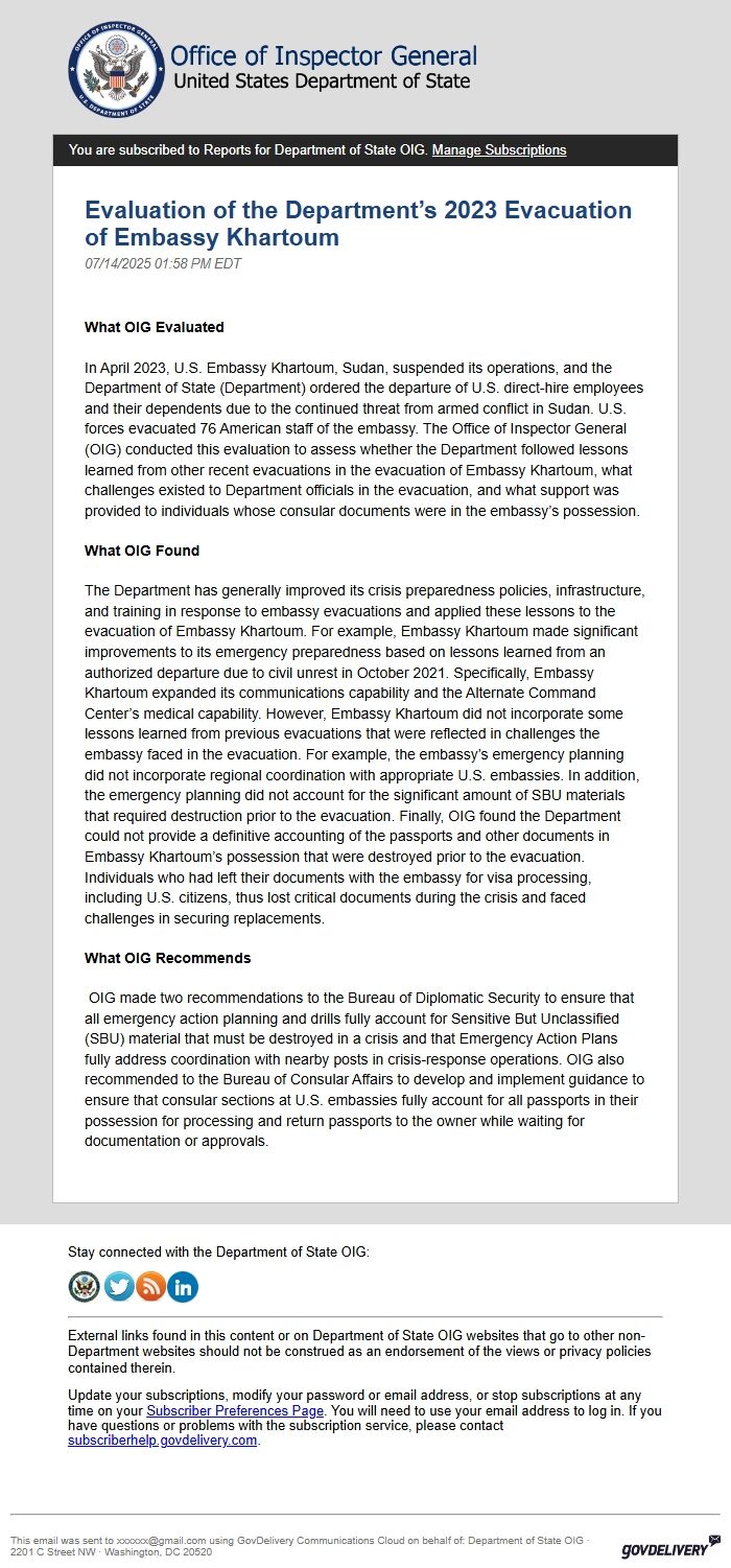 Screenshot of the email generated on import