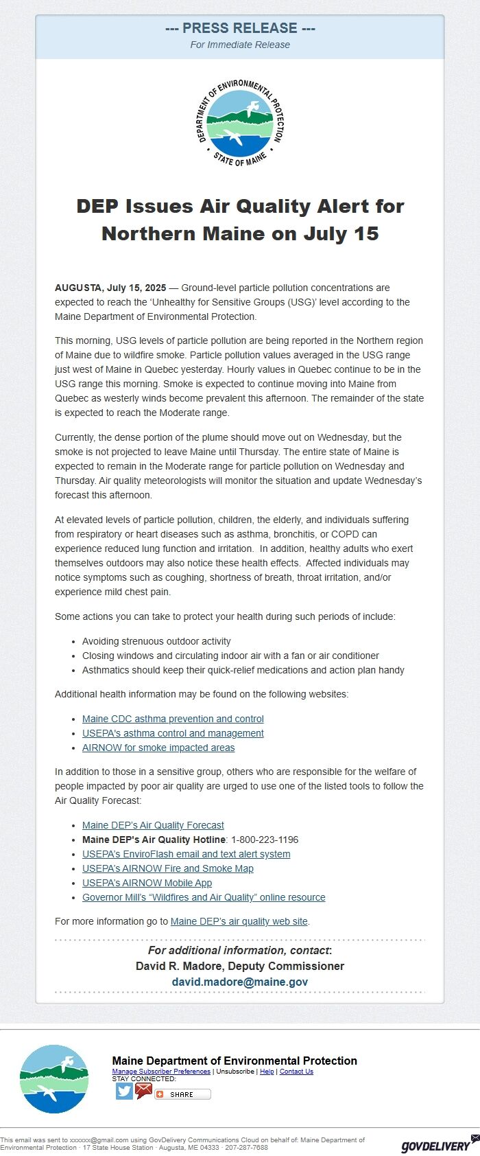 Screenshot of the email generated on import