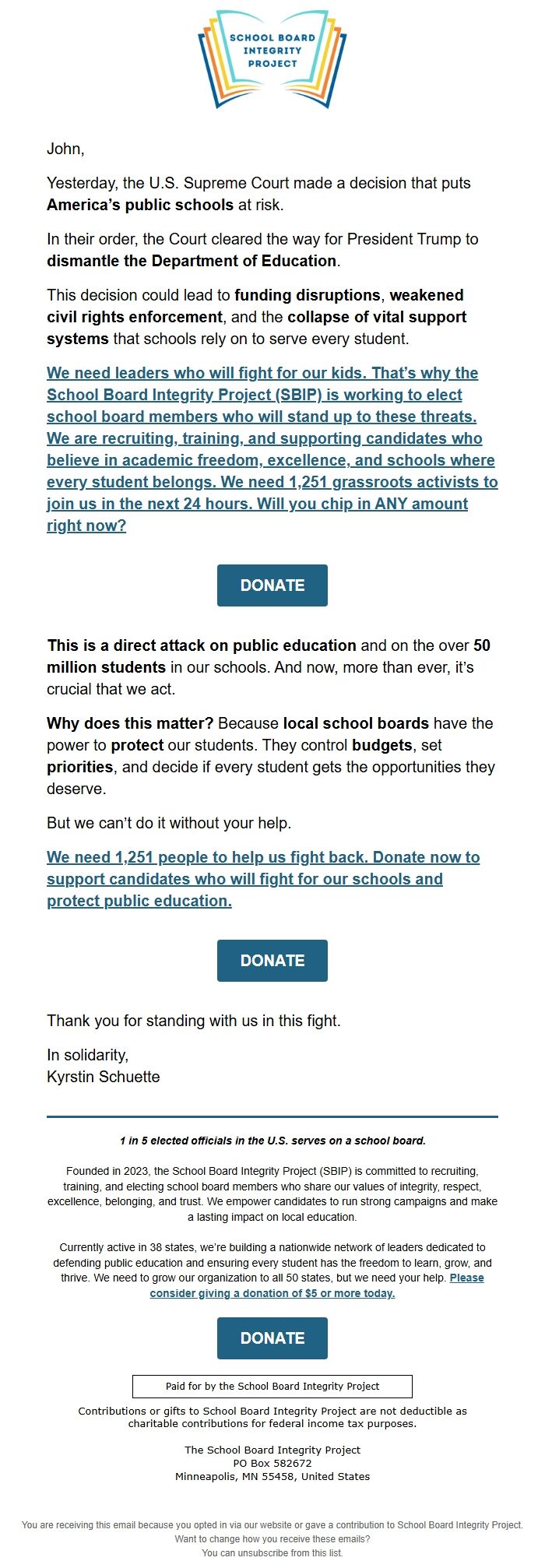 Screenshot of the email generated on import