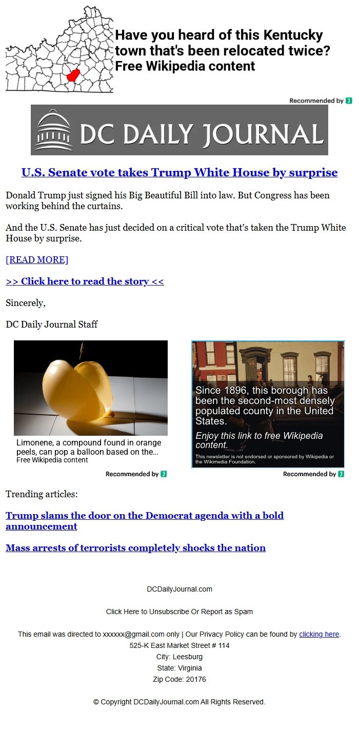 Screenshot of the email generated on import