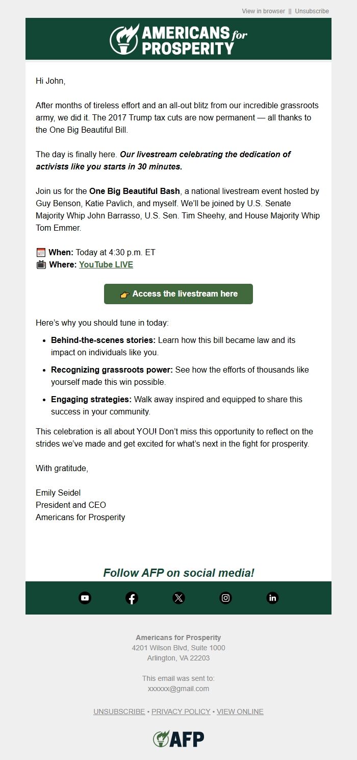 Screenshot of the email generated on import
