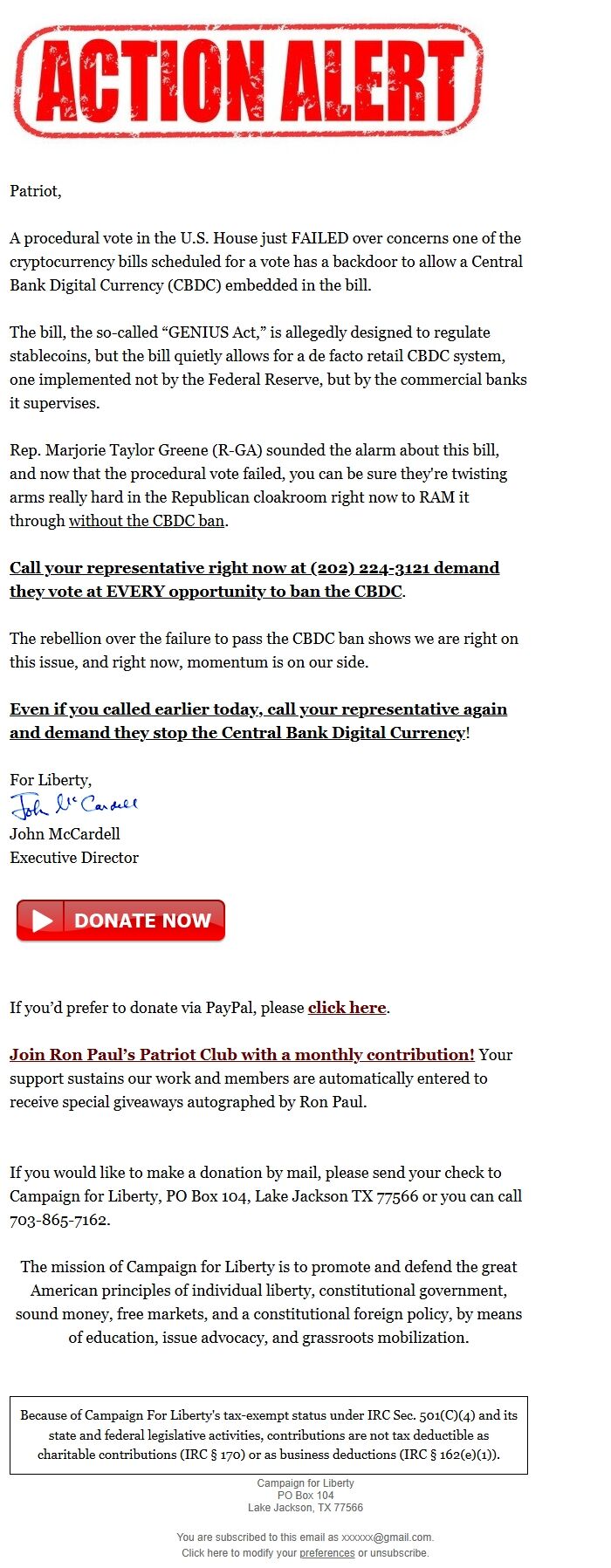 Screenshot of the email generated on import