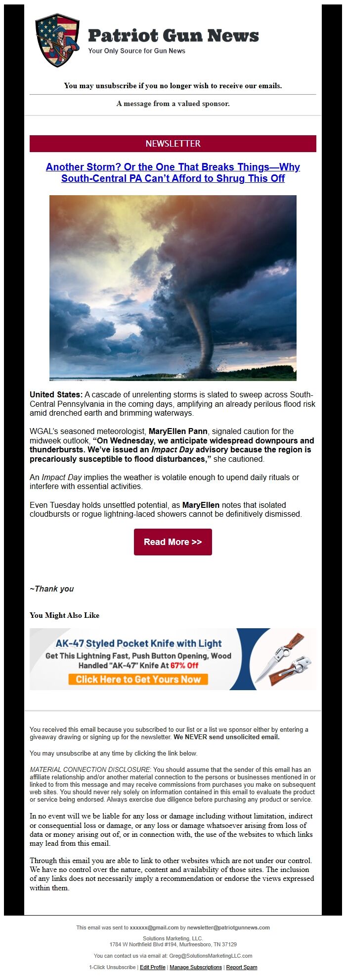 Screenshot of the email generated on import