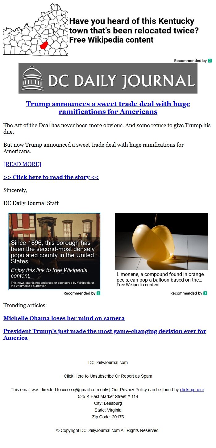 Screenshot of the email generated on import
