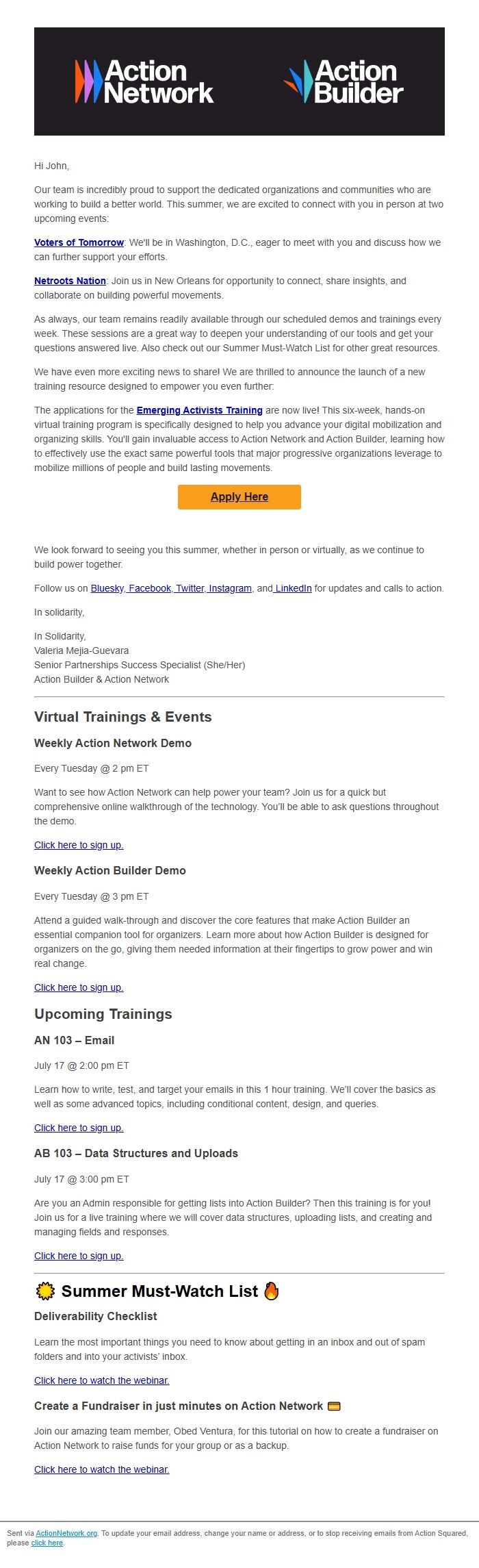 Screenshot of the email generated on import