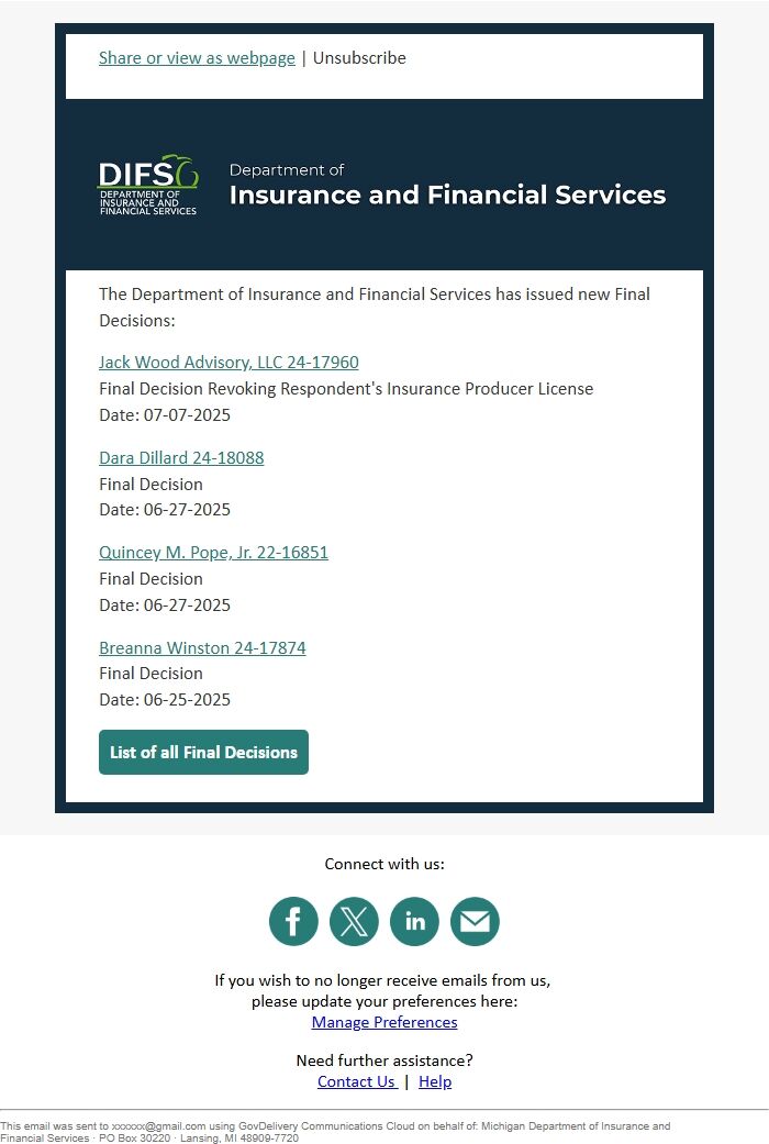 Screenshot of the email generated on import