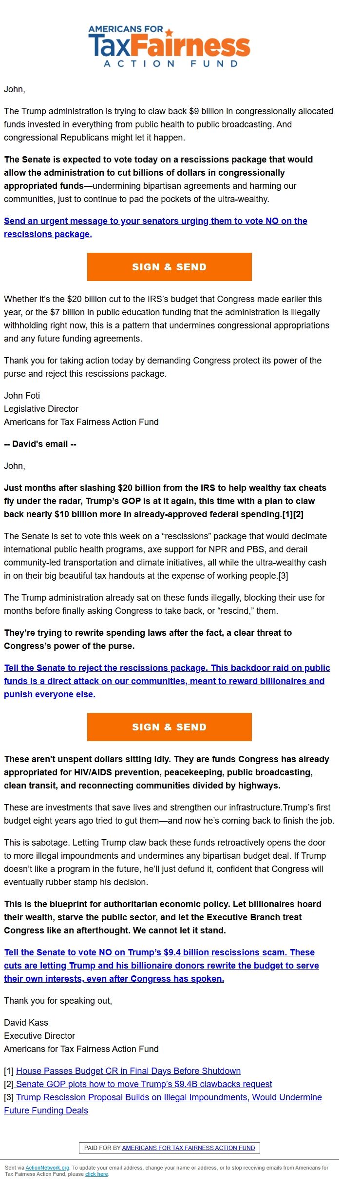 Screenshot of the email generated on import